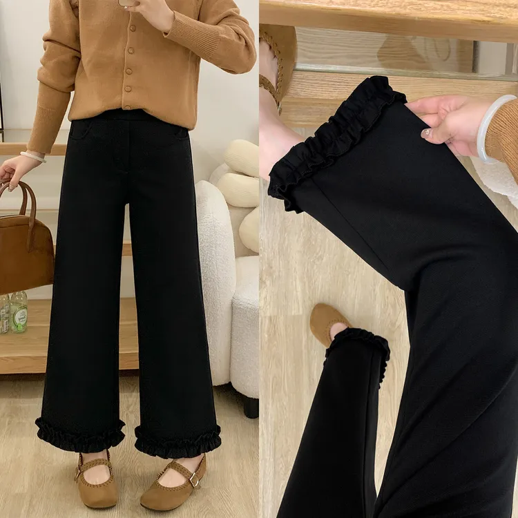 大码冬季款加绒直筒阔腿休闲裤女梨形身材高腰宽松显瘦弹力九分裤