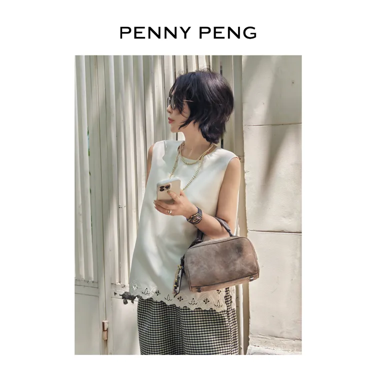 PENNYPENG清夜无尘夏季新款两色宽松气质百搭圆领无袖花边马甲