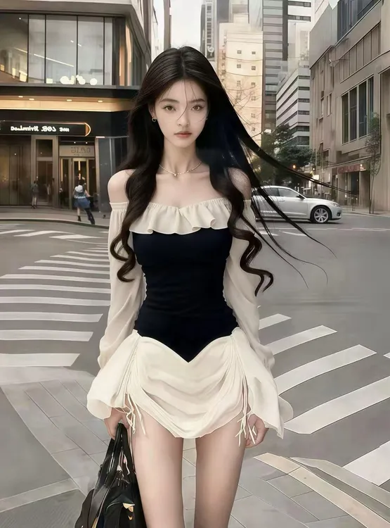 韩版时尚静奢纯欲辣妹风撞色一字肩抹胸露肩长袖修身收腰连衣裙女