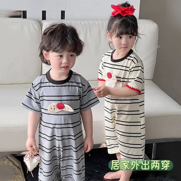 夏季冰丝儿童连体睡衣新款男童条纹短袖薄款空调家居连体睡衣儿童