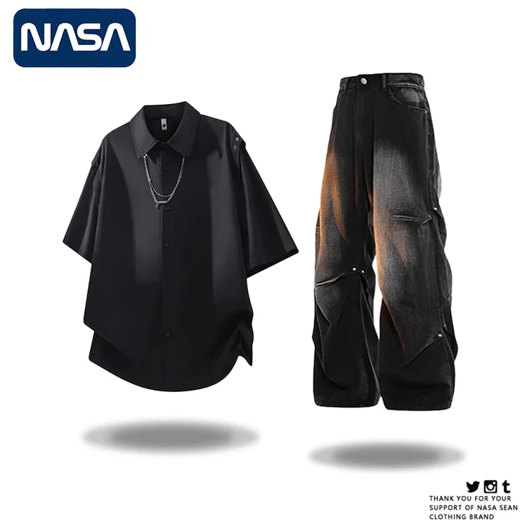 NASA美式潮流翻领短袖衬衫上衣男夏季时尚百搭休闲套装两件套