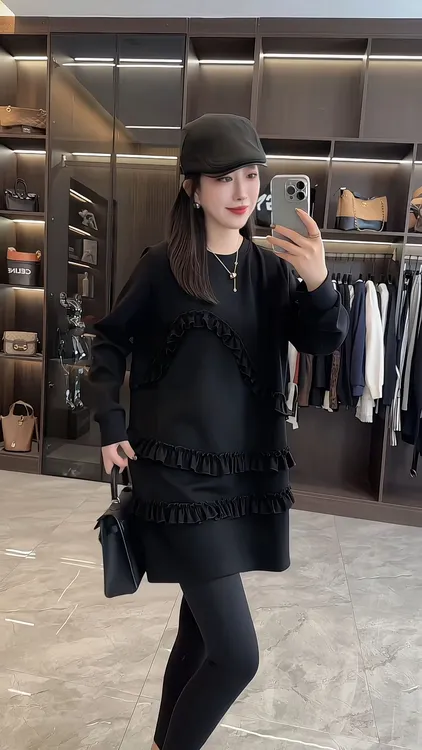 秋冬新款时尚气质宽松显瘦大码拼接木耳边长袖卫衣连衣裙休闲百搭