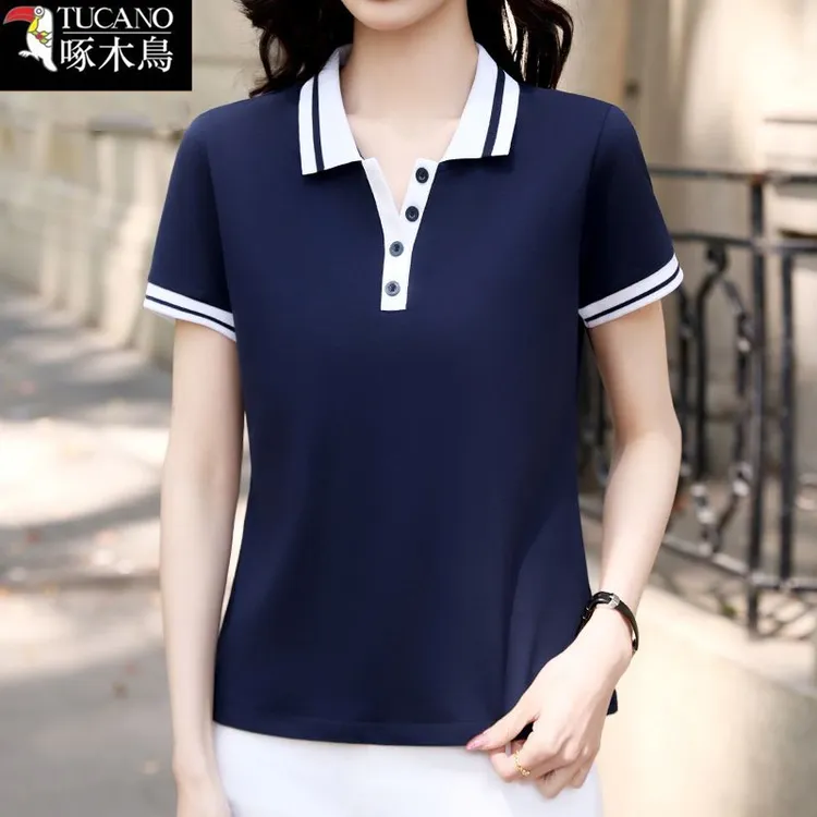 啄木鸟2025年新款拼色T恤女ins夏季短袖POLO领设计感洋气潮流上衣
