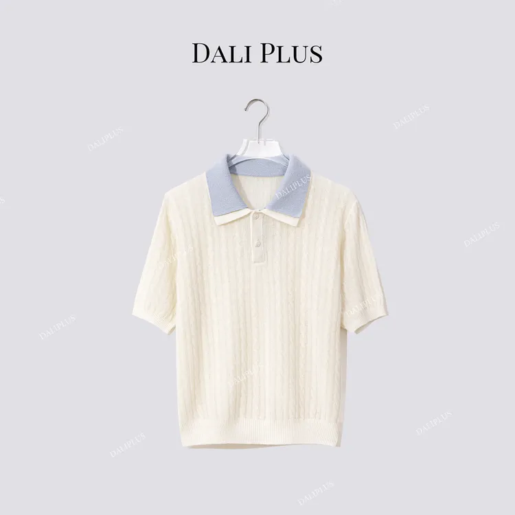 DALI PLUS“100绵羊毛 ”撞色双层POLO领麻花短袖针织-D5CH4695