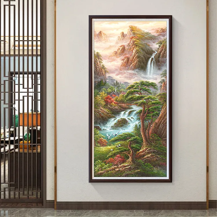 客厅画迎客松聚宝盆风景画中式招财玄关挂画山水画装饰画松鹤延年