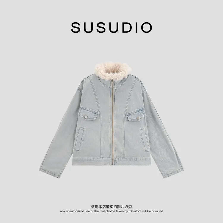 SUSUDIO 冬季休闲复古保暖毛绒夹克水洗牛仔夹棉外套 70368