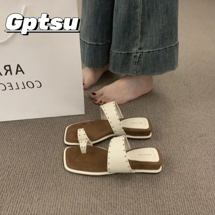 GPTSu法式绝美套趾铆钉一字带小坡跟拖鞋女外穿度假休闲沙滩凉鞋
