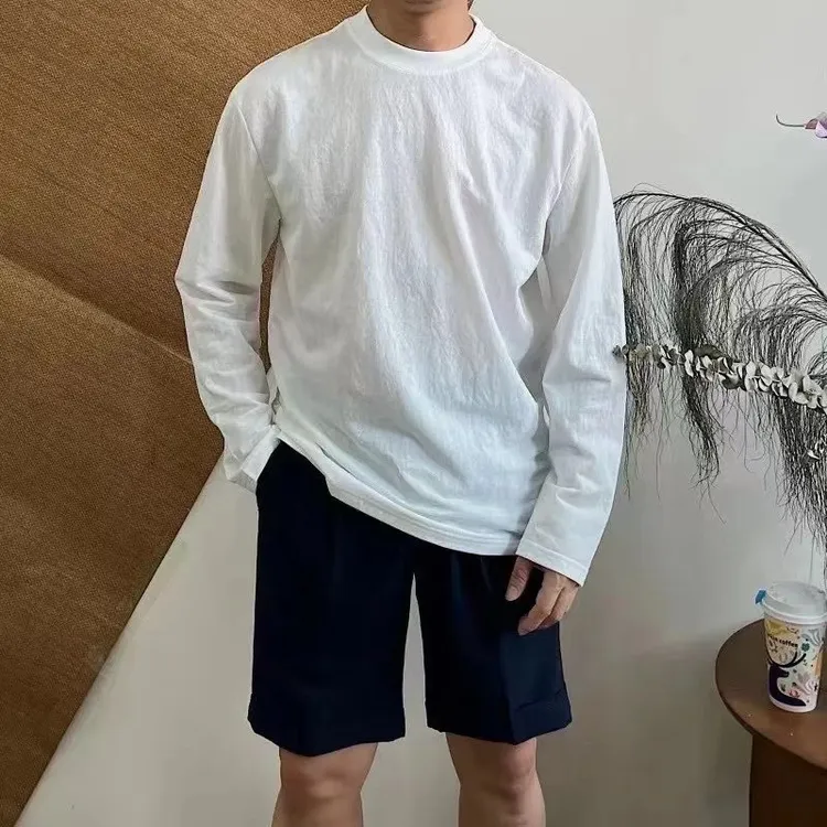 简约风棉麻宽松长袖打底衫男士休闲百搭