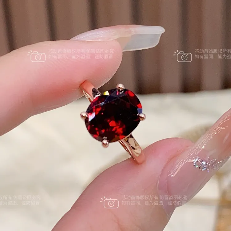 新品戒指 【大吉祥】9x11mm石榴红镶嵌简约轻奢百搭戒指k6001