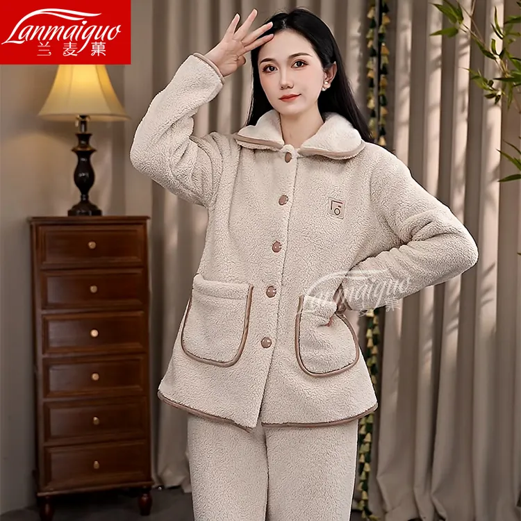 兰麦菓【米灰色加厚羊羔绒】加绒保暖睡衣女冬季翻领家居服可外穿