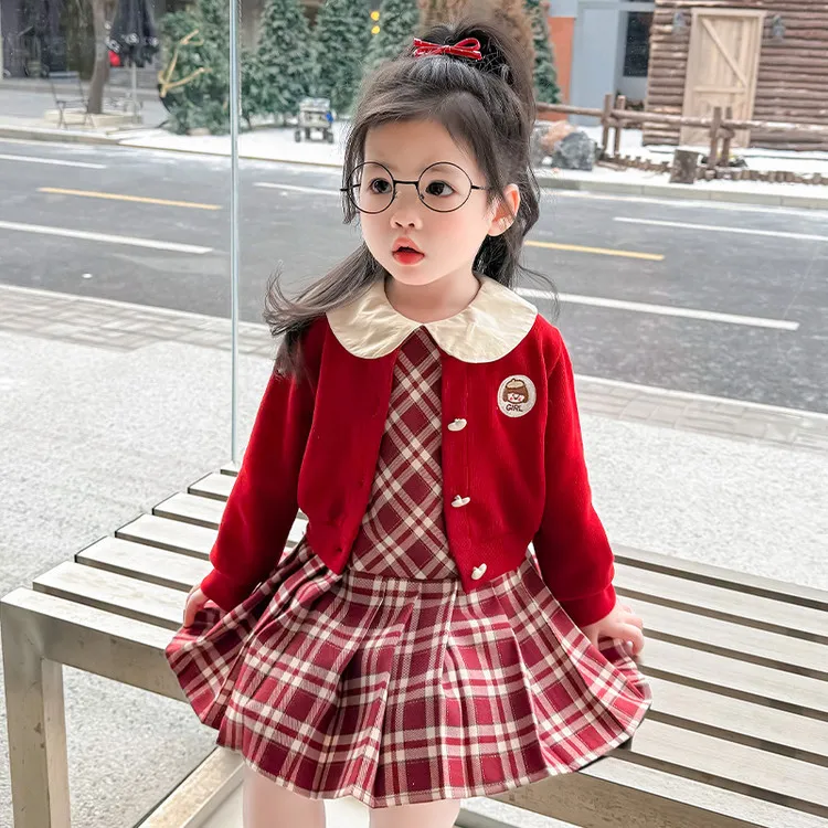 女童百褶裙套装2025新款春季女孩韩版洋气时髦学院风裙子两件套潮