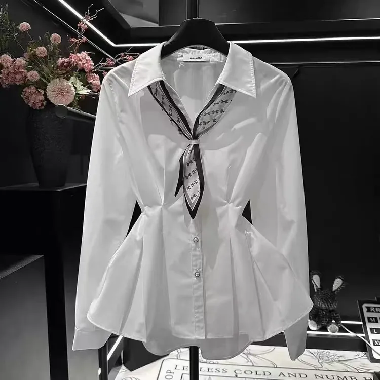 9882气质丝巾飘带衬衫女长袖秋新款洋气减龄上衣收腰显瘦衬衣