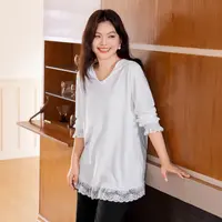MsShe大码女装2025秋装【莱卡弹力罗纹】气质蕾丝拼接T恤E2509023