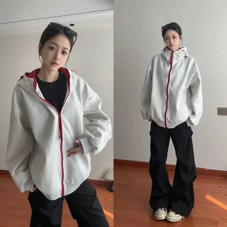 美式撞色开衫连帽卫衣男秋季潮牌重磅外套cleanfit硬挺棒球服夹克