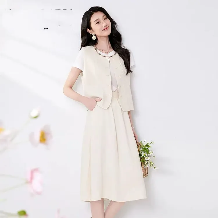 【T1682】时尚套装女夏季2025新款简约T恤马甲半身裙子三件套