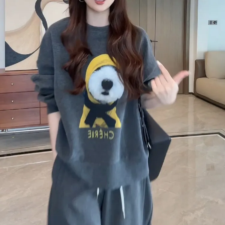 美式复古休闲减龄宽松慵懒圆领卡通小狗字母卫衣LK2506352