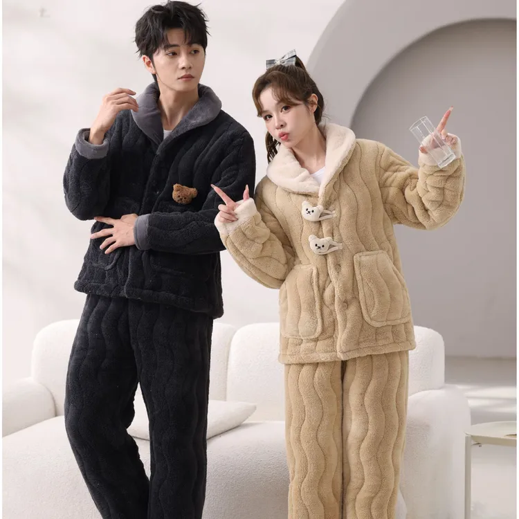 冬季情侣三层加厚夹棉加绒加厚可爱小熊仿兔毛家居服套装睡衣
