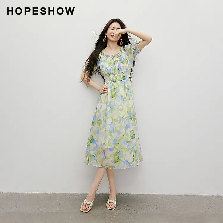 红袖2025夏季新款女装 印花两穿领系带泡泡袖连衣裙90125191606