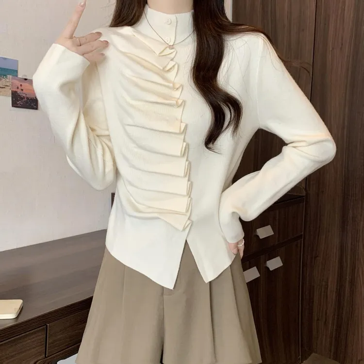 包芯纱半高领长袖针织打底衫女春秋2025新款别致不规则褶皱上衣女