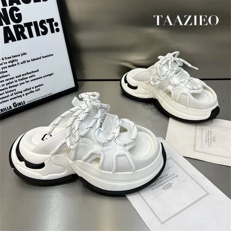 TAAZIEO厚底松糕露趾拖鞋女外穿2025夏季新款运动老爹鞋软底半拖