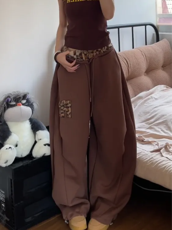 美式复古弯刀卫裤女款毛绒豹纹刺绣拼接小众个性爵士舞宽松阔腿裤