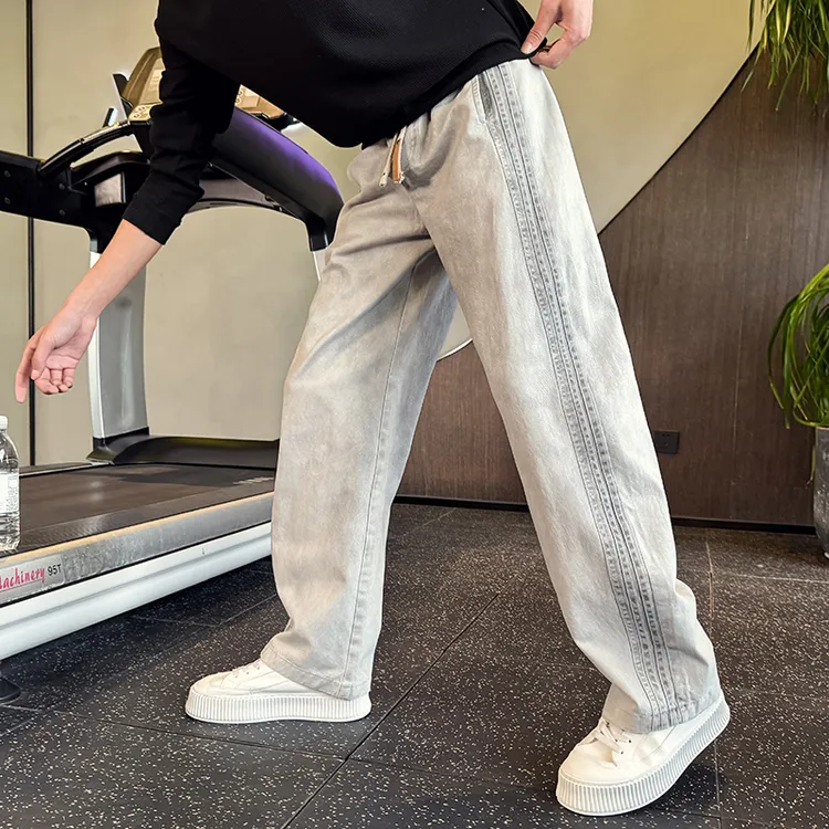 直筒牛仔裤春夏薄款休闲裤男士水洗做旧脏脏裤垂感阔腿裤弯刀裤潮