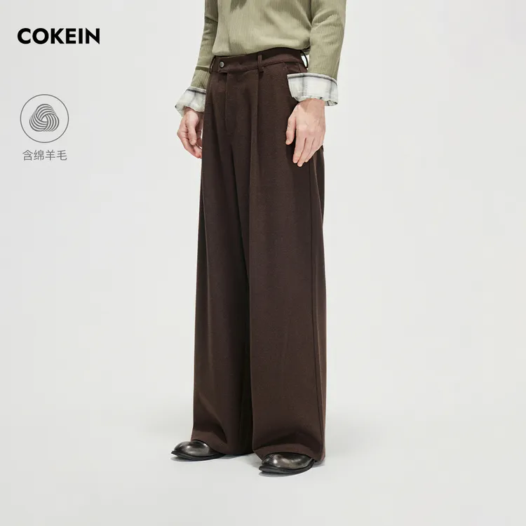 COKEIN休闲裤男2025年秋冬含羊毛复古长裤铆钉装饰单摺拼接阔腿裤