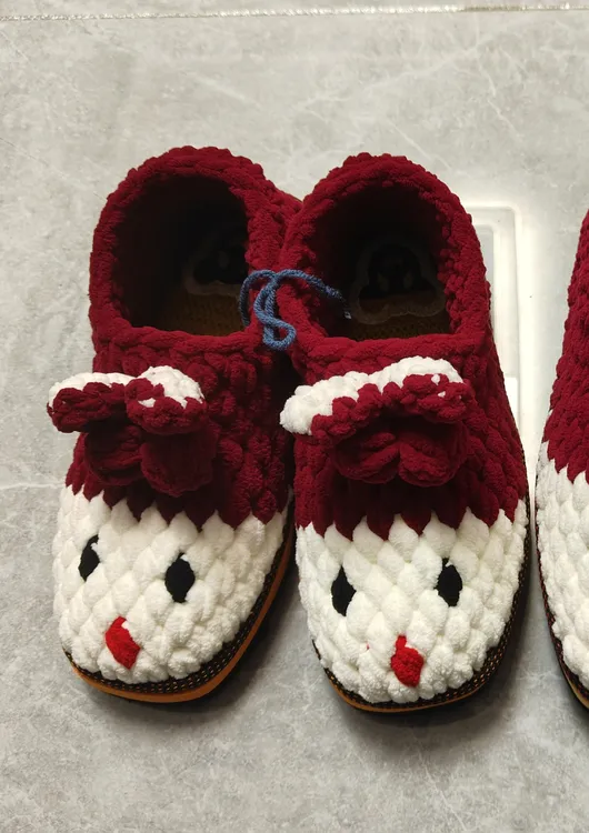 纯手工棉鞋冰条线钩织秋冬时尚居家防滑保暖毛绒包跟棉鞋厚底情侣