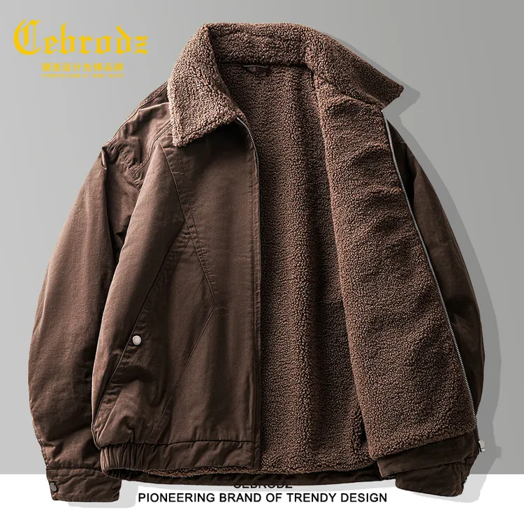 法国Cebrodz重磅羊羔绒座山雕毛领加厚工装棉服男士冬季保暖外套