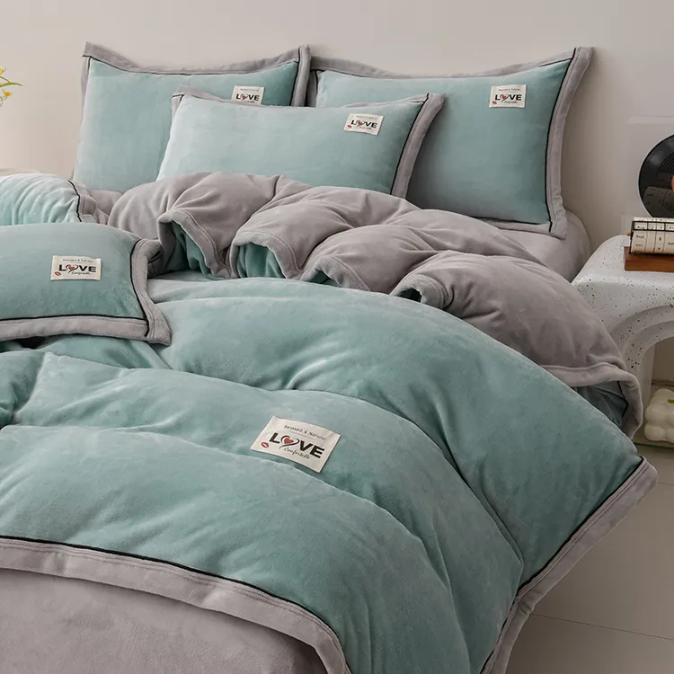 富安娜冬季加厚保暖床单四件套奶绒被套床笠学生宿舍加绒三件套