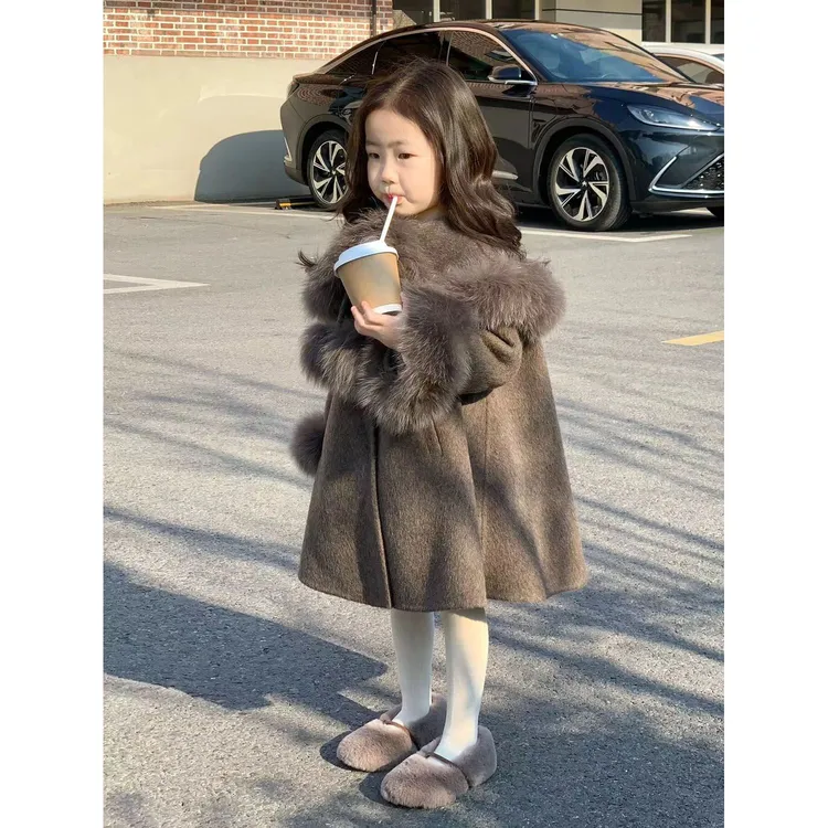 童装2025加厚新款洋气毛领毛毛袖秋冬大衣儿童翻领舒适外套百搭潮