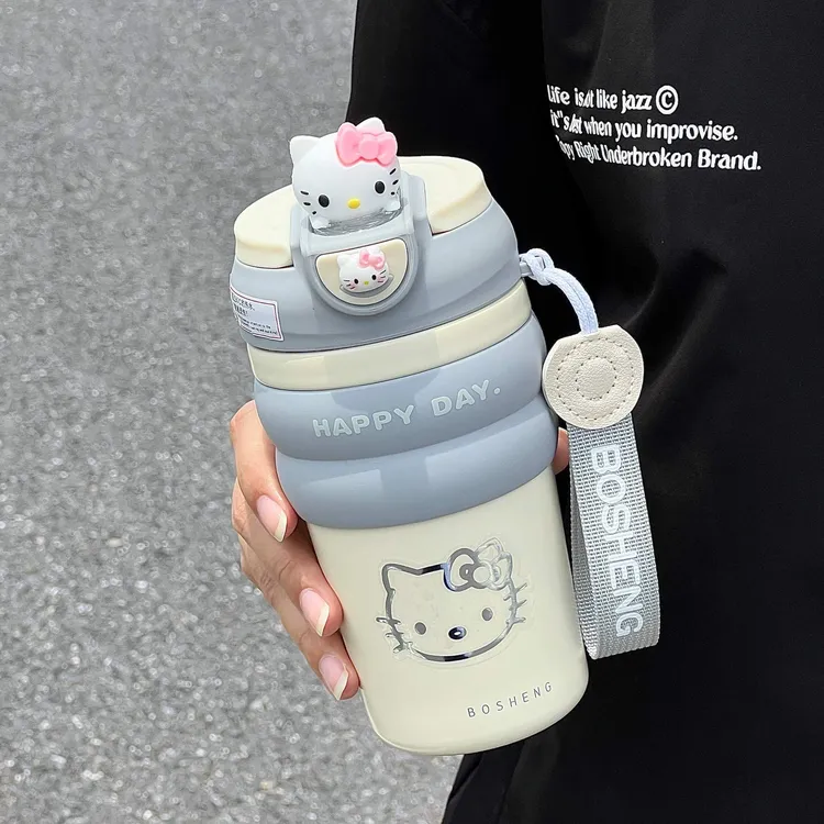粉色KT猫可爱保温杯高颜值316不锈钢女生户外便携带提绳学生校园