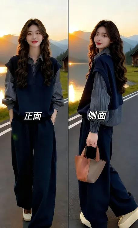 【现货】秋季大码女装胖MM独特假两件拼接格子长袖衬衫女慵懒上衣