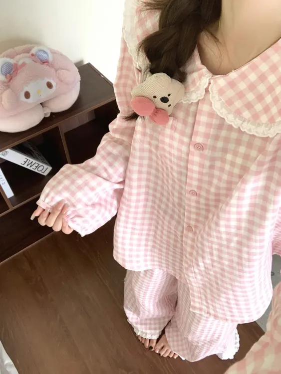 【DMXJ大梦想家】甜美可爱格子花边睡衣女款夏季新款长裤家居服套装