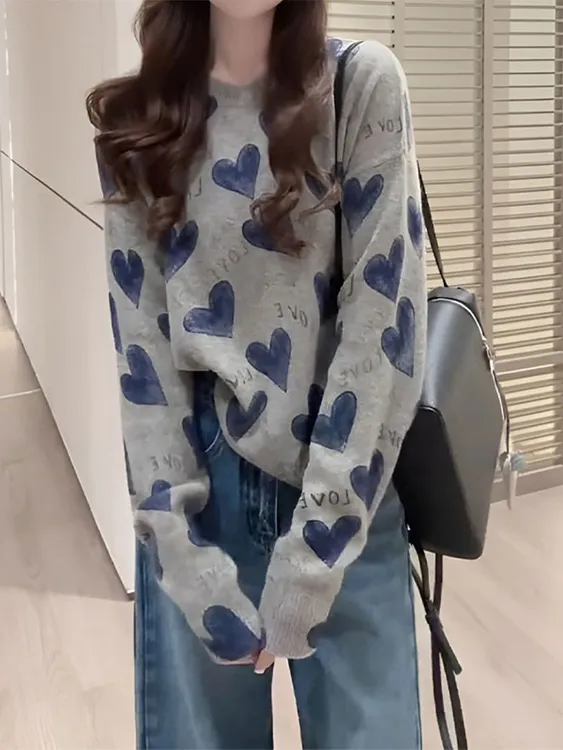 灰色慵懒风刺绣长袖针织衫女装2025新款秋款宽松显瘦洋气减龄上衣