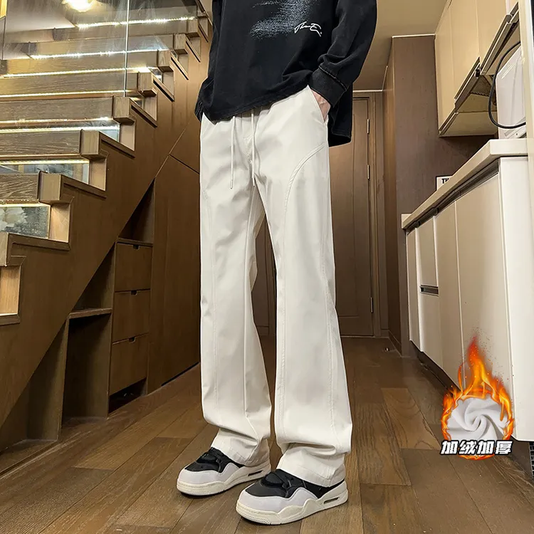 加绒加厚三防斜切冲锋裤男秋冬美式高街阔腿裤潮牌直筒宽松休闲裤