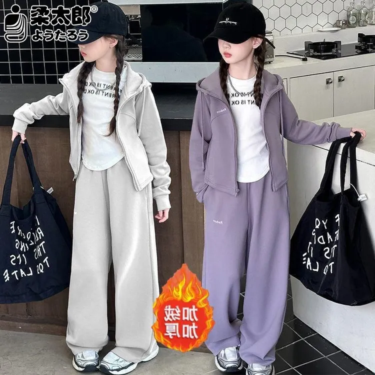 日本柔太郎女童套装加绒加厚街韩版中大童秋冬季休闲运动服时髦两