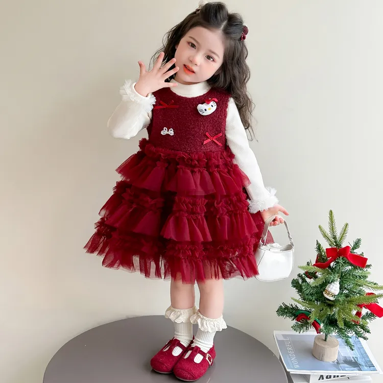 女童蛋糕裙套装儿童秋冬装韩版洋气新年装女宝宝冬季连衣裙两件套