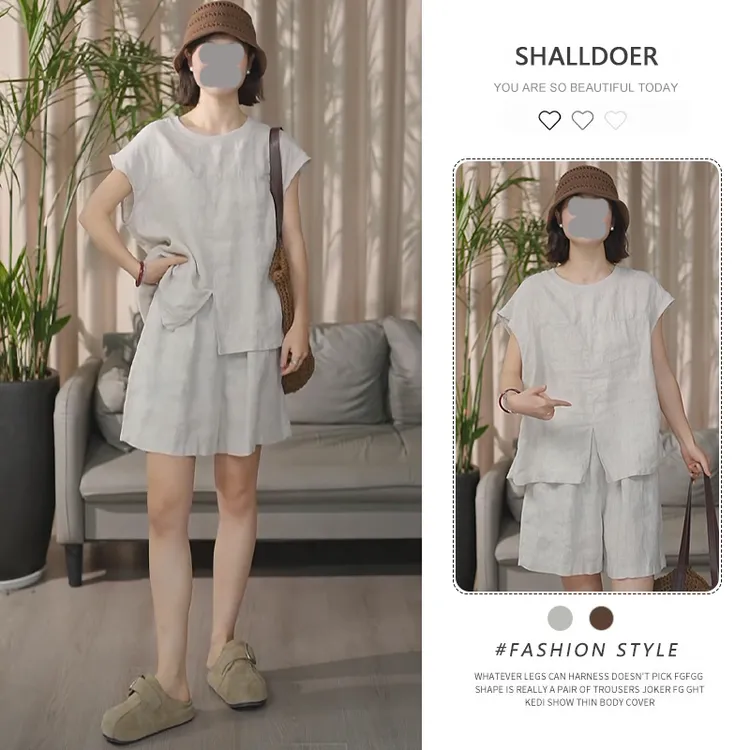 高级感轻奢套装2025夏季新款圆领短袖开叉上衣休闲阔腿短裤两件套