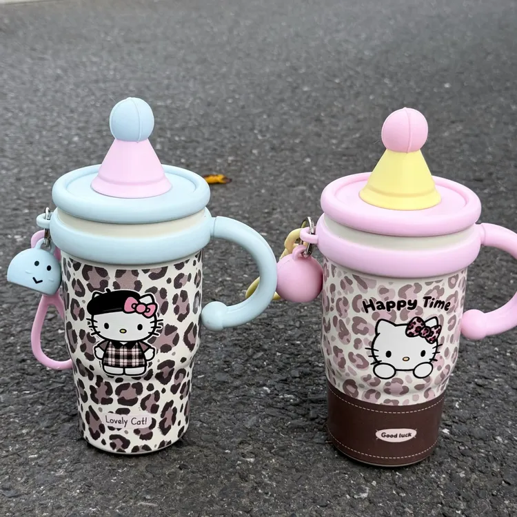 2025新款豹纹KT猫水杯316不锈钢高颜值吸管女生大容量手柄保温杯