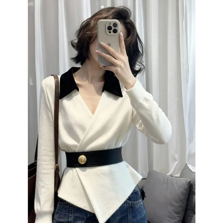 不规则小众设计感白色针织衫2025秋季女轻熟修身长袖翻领气质上衣