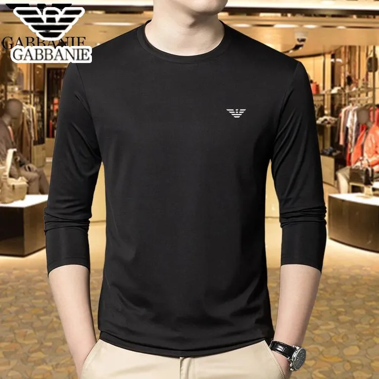 GABBANIE男士100%桑蚕丝春秋刺绣圆领长袖抗皱T恤休闲上衣打底衫