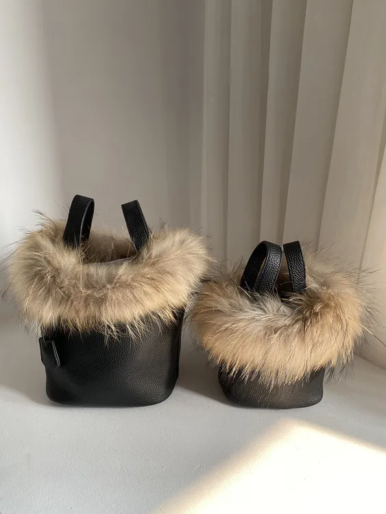 真皮草貉子毛水桶包包女秋冬韩国小众设计毛毛包手提包单肩斜挎包