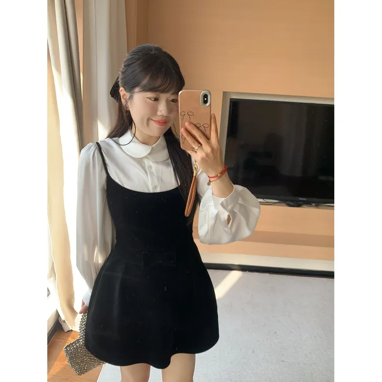 米米子“绒夜绮梦”定制du家收腰丝绒裙娃娃领衬衫两件套时尚气质款