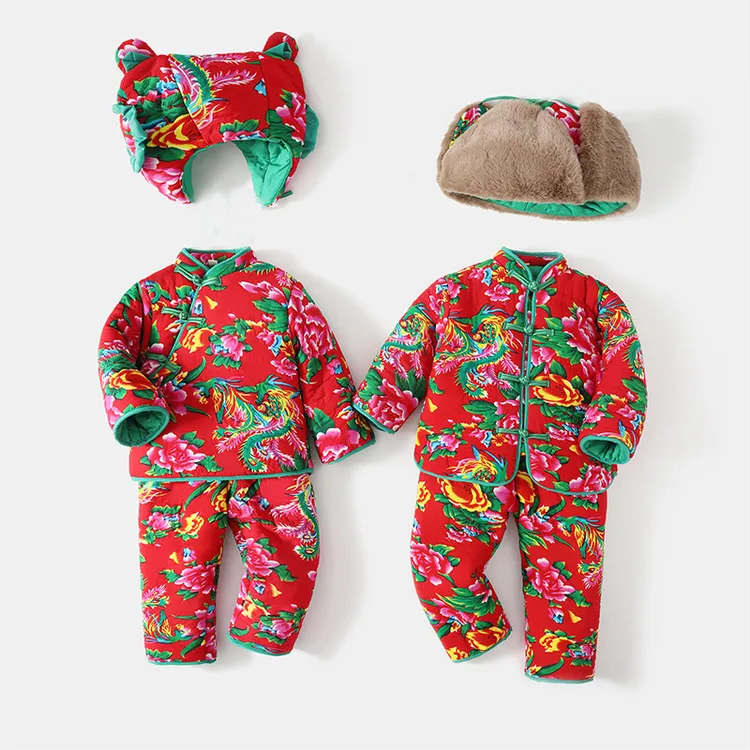 YeeHoO英氏婴幼儿东北大花套装宝宝冬季棉服女童拜年衣服小儿反季