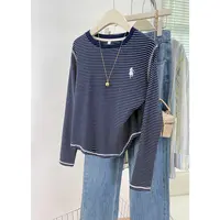 明线设计感刺绣条纹长袖打底衫秋季新款磨毛宽松大码显瘦女装T恤