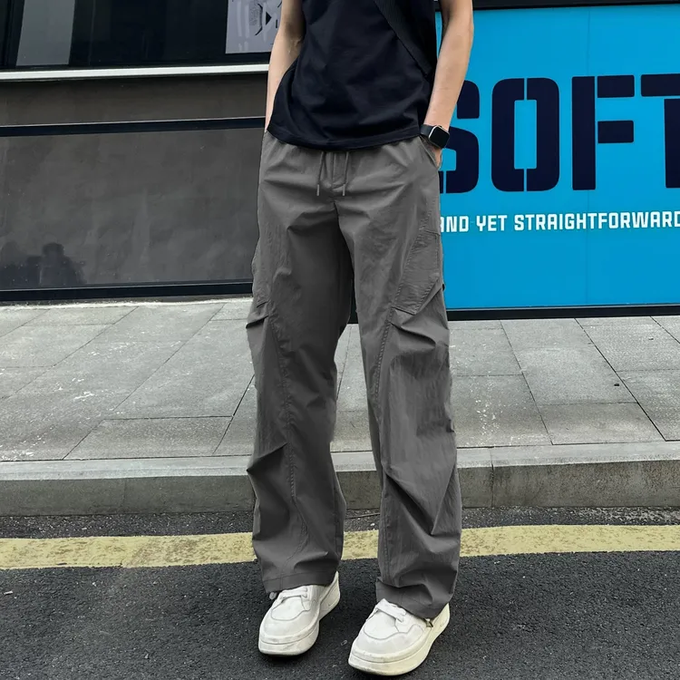夏季户外运动速干工装裤美式高街男女潮流皱感薄款宽松直筒休闲裤