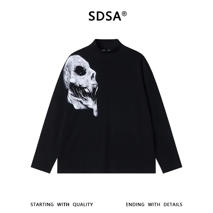 SDSA男士秋冬新款痞帅男装美式嘻哈骷颅头印花立领长袖T恤百搭