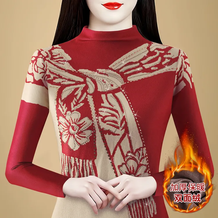 秋冬新款长袖保暖打底衫女洋气中年妈妈装半高领双面德绒烫钻T恤