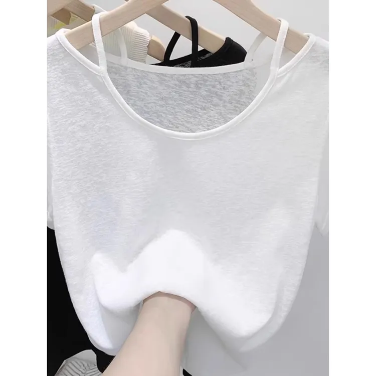 白色微透设计感小众露肩短袖夏季新款韩版宽松显瘦白上衣时睡衣女
